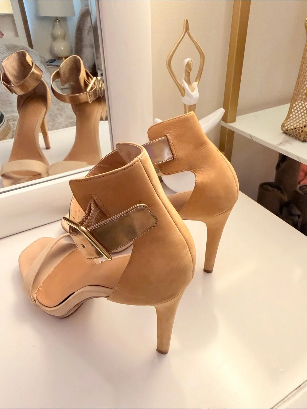 Calvin Klein Nude and Gold Ankle-Strap Stiletto Sandals
